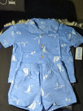 Carter's Light Blue Nautical Button-Up Shirt and Shorts Set